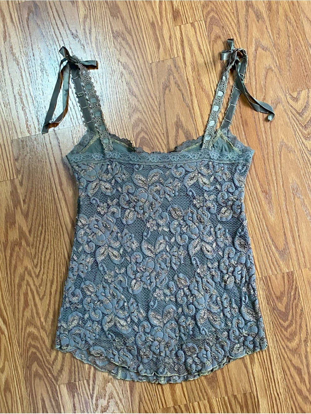 Deadstock 90s/Y2k Ann Ferriday Lace Ribbon Detail Cami Tank Top - Olive Green - Picture 2 of 10